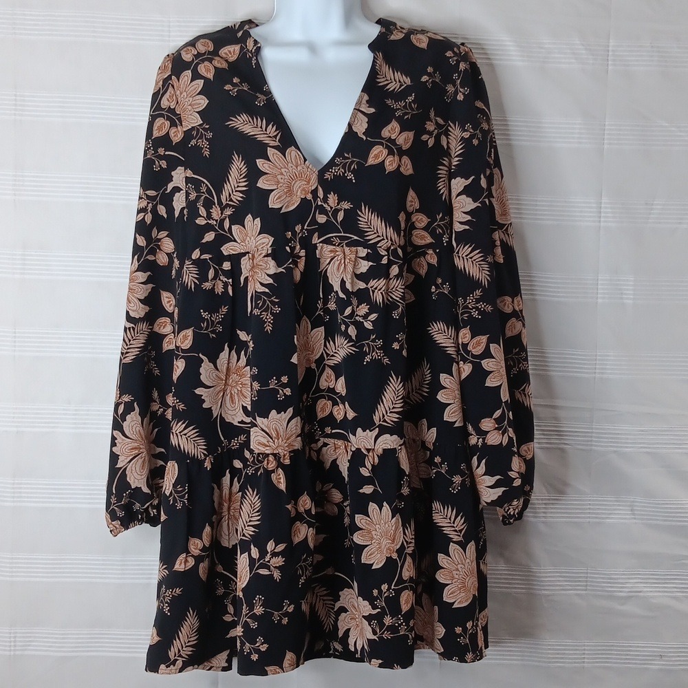 Sanctuary Flora Babydoll Dress Long Sleeve Black w/ Beige & Brown Floral Size M